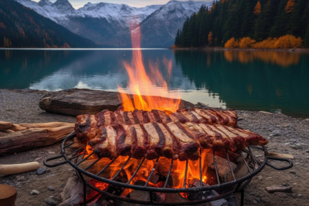 ribs cooking on a campfire with a lake or mountain view, created with generative aiの素材