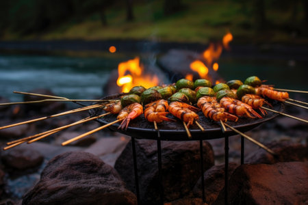 charred shrimp on skewers with a campfire backdrop, created with generative aiの素材