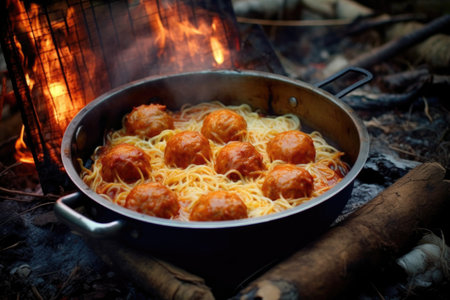 spaghetti and meatballs in a tin plate near campfire, created with generative aiの素材