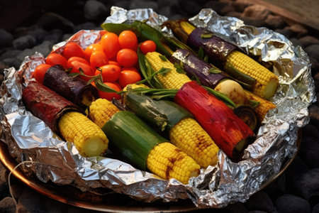 foil-wrapped vegetable medley cooking on hot coals, created with generative aiの素材