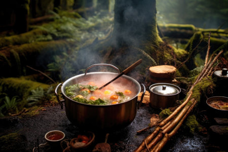 campfire with steaming pot of vegetable soup, created with generative aiの素材