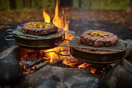 grilled venison burgers on outdoor campfire grate, created with generative aiの素材