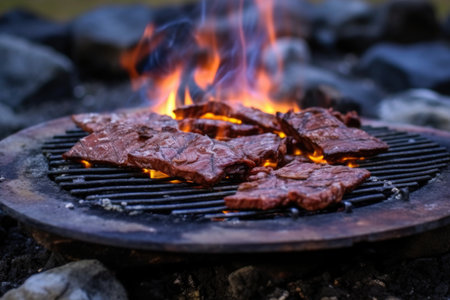 smoking venison jerky over low campfire heat, created with generative aiの素材
