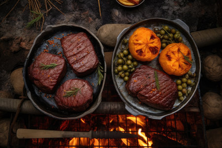 top view of venison steaks on a grill, campfire below, created with generative aiの素材
