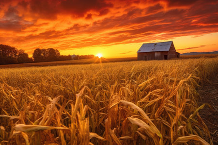 golden sunset over a freshly harvested cornfield, created with generative aiの素材