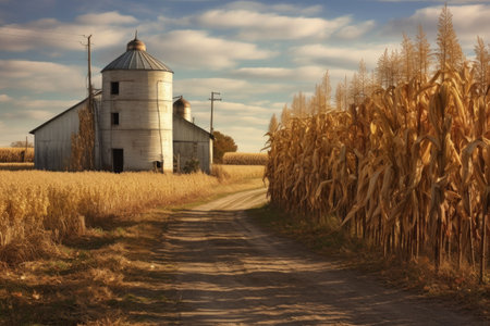 corn silos filled with harvested kernels in a rural landscape, created with generative aiの素材