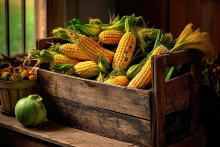 freshly harvested corn cobs in a wooden crate or basket, created with generative aiの素材