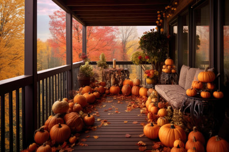 autumn-themed balcony with pumpkins and leaves, created with generative aiの素材