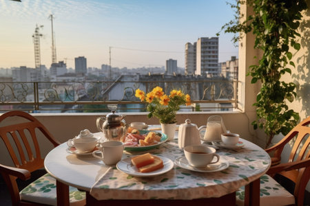 breakfast setup on a balcony with a view of the city, created with generative aiの素材