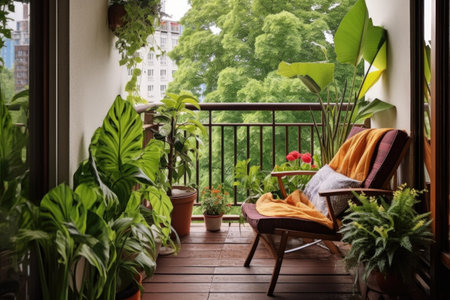 small balcony oasis with greenery and comfy chair, created with generative aiの素材