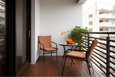 modern minimalist balcony with sleek chair and table, created with generative aiの素材