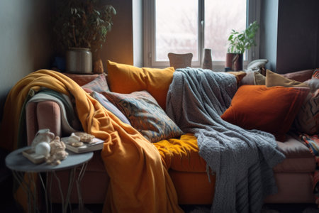 soft blankets and cushions on a comfy couch, created with generative aiの素材