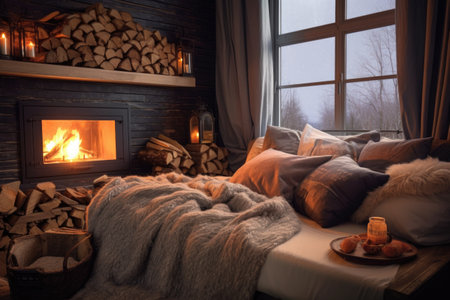 fireplace with crackling fire, soft pillows and warm blanket nearby, created with generative aiの素材