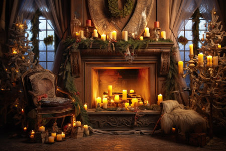 fireplace with festive holiday decorations and candles, created with generative aiの素材