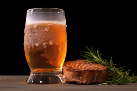 beer glass with condensation and a juicy steak, created with generative aiの素材