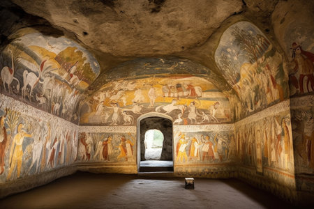 intricate cave murals showing ancient storytelling, created with generative aiの素材