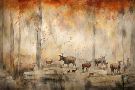 faded cave painting of animals in prehistoric landscape, created with generative aiの素材