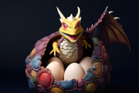 small dragon peeking out of a colorful eggshell, created with generative aiの素材