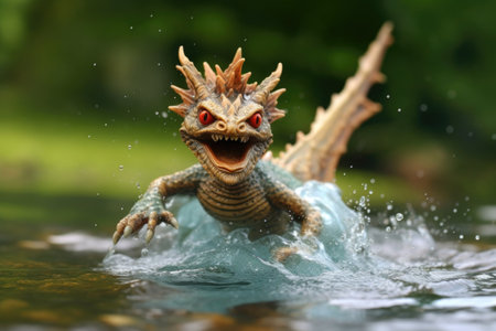 miniature dragon splashing in a shallow pond, having fun, created with generative aiの素材