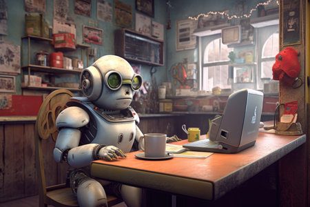 cute robot with a laptop taking orders in a cafe, created with generative aiの素材
