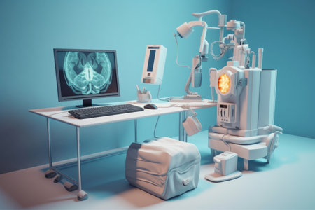 telemedicine concept with computer and medical equipment, created with generative aiの素材