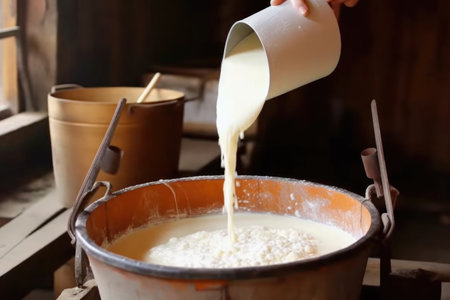 cheese making process, curdled milk in container, created with generative aiの素材