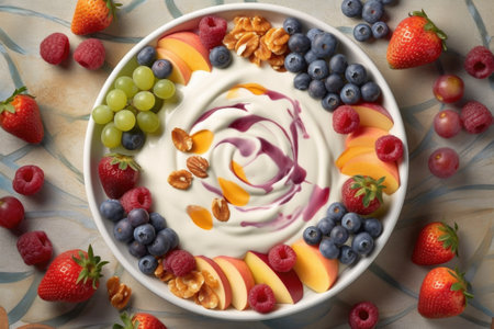 overhead shot of creamy yogurt with fruit toppings, created with generative aiの素材