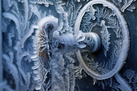 ice-covered door handle and lock, close-up, created with generative aiの素材