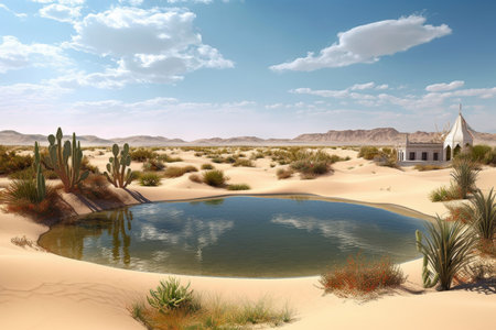 wide-angle view of a desert oasis surrounded by sand dunes, created with generative aiの素材