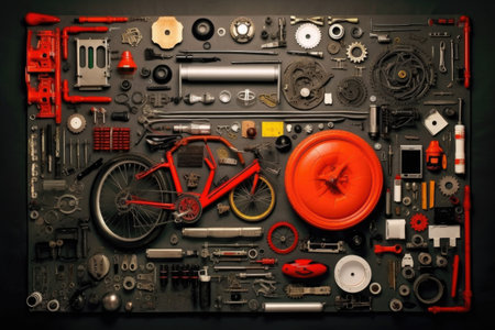 disassembled bike parts organized in a grid, created with generative aiの素材