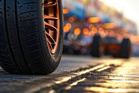 close-up of drag racing tires gripping the track, created with generative aiの素材