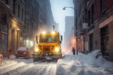 snow plow making way through a snowstorm in the city, created with generative aiの素材