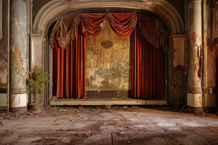 old theater stage with worn-out curtains and floor, created with generative aiの素材