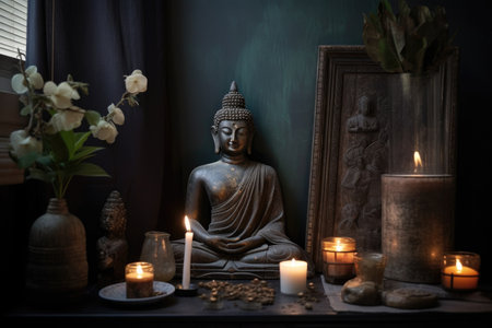 serene corner with buddha statue and candles, created with generative aiの素材