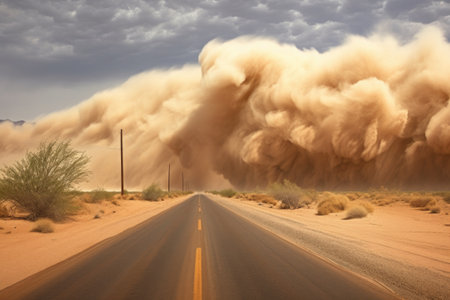 sandstorm engulfing a desert road, created with generative aiの素材