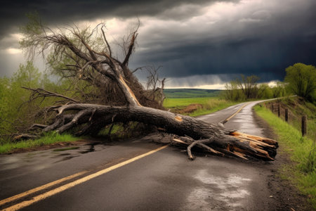 fallen tree blocking a road after a storm with dark clouds, created with generative aiの素材