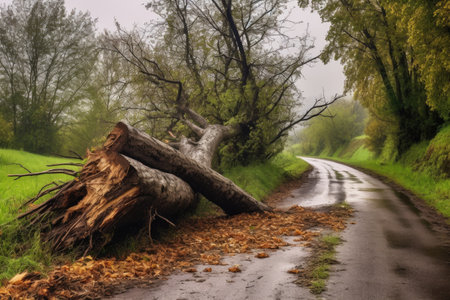 fallen tree on a remote countryside road, created with generative aiの素材