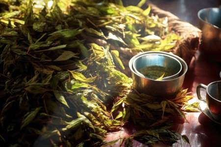 sunlight shining on freshly picked tea leaves, created with generative aiの素材