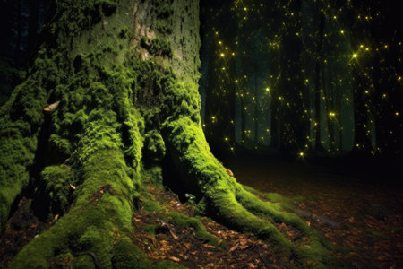 fireflies glowing around a moss-covered tree trunk, created with generative aiの素材
