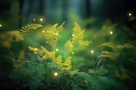 soft focus of fireflies glowing around forest ferns, created with generative aiの素材
