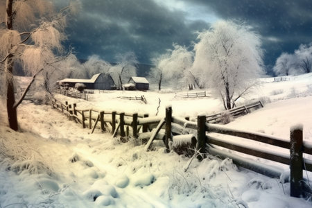 a snow-covered fence in a rural landscape, created with generative aiの素材