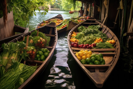 traditional wooden boats filled with fresh produce, created with generative aiの素材