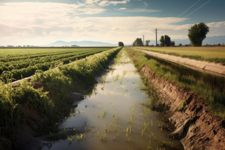 flooded irrigation canal overflowing into adjacent field, created with generative aiの素材