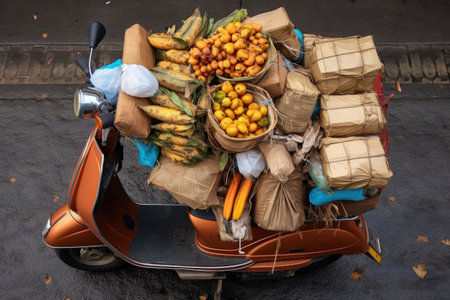 aerial view of a delivery scooter with food bags, created with generative aiの素材