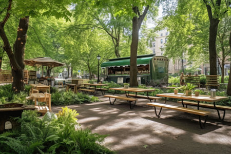 food truck in a park with picnic tables and greenery, created with generative aiの素材
