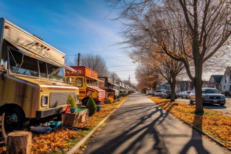 wide-angle shot of a row of diverse food trucks, created with generative aiの素材