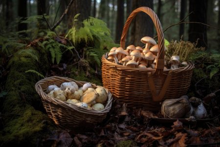 basket of freshly picked mushrooms in the woods, created with generative aiの素材