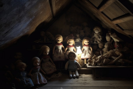 dolls empty gaze in a dark attic corner, illuminated by a single beam of light, created with generative aiの素材