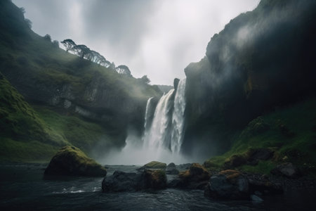 majestic waterfall with misty clouds in the sky, created with generative aiの素材