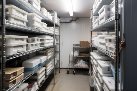 a walk-in freezer with shelves of frozen food and boxes, created with generative aiの素材